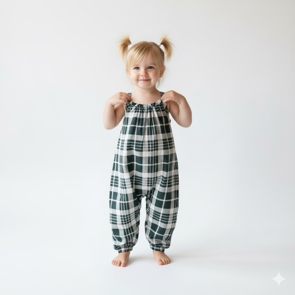 Kate Quinn Organics Baby Girl Green Plaid Jumpsuit Romper - Picture 1 of 5